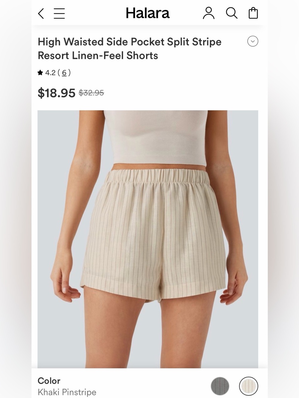 NWOT HALARA Khaki Pinstripe High-Waisted Side Pocket Shorts